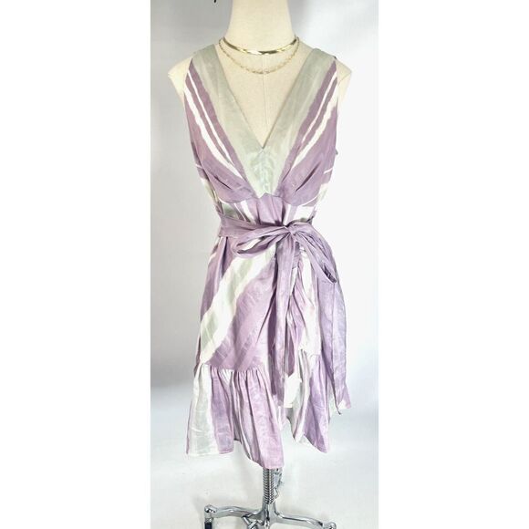 Rebecca Taylor Faux Wrap Ruffle Hem Dress Bow Silk Linen Sleeveless Size 10 - Picture 3 of 15